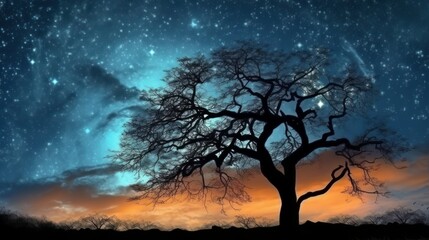 Fototapeta na wymiar A lone tree under a starry night sky. Generative ai