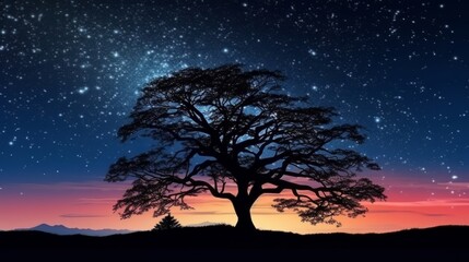A lone tree standing against a starry night sky. Generative ai