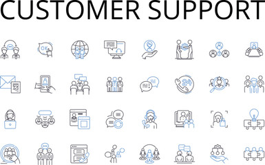 Customer support line icons collection. Client assistance, Patron service, User aid, Consumer help, Guest care, Account support, Member service vector and linear illustration. Account assistance