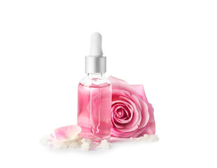 Bottle of cosmetic oil with rose extract and flower on white background