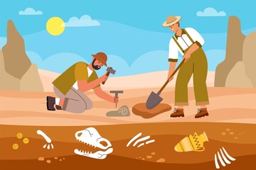 Obraz premium Archaeological excavations process. Scientists are looking for historical values, men with tools dig up dinosaur bones, vector illustration