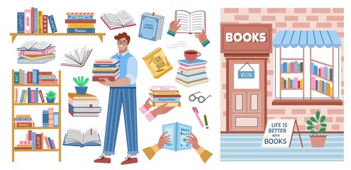 Cartoon book store elements. Happy guy in library chooses interesting textbooks, cute reader character with literature stack, vector set