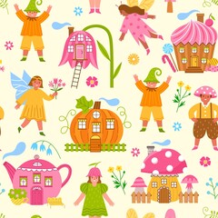 Fototapeta premium Fabulous houses and cute fairies. Repeated background, dwarves and elves, magical village residents, cute creatures, vector pattern seamless