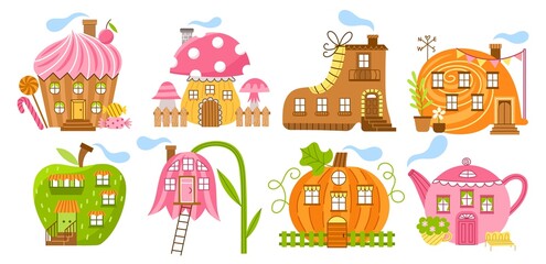 Fototapeta premium Pretty magical houses. Cute fabulous dwellings, fantasy designs and decorations, sweets, mushrooms and teapot shapes buildings, vector set