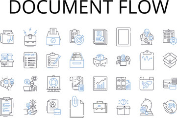 Document flow line icons collection. Workflow management, Information stream, Business process, Task sequence, Process flowchart, Data pipeline, Content delivery vector and linear illustration