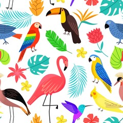 Naklejka premium Tropical birds seamless pattern. Exotic wildlife, colorful bright parrot, flamingo, toucan and hummingbird, flowers, leaves, vector backdrop
