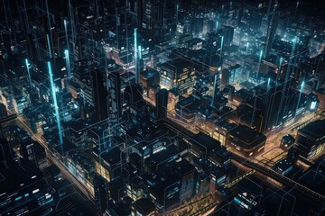 Fototapeta na wymiar Landscape of Futuristic Sci-Fi Capital city and building, Night city, Cyber punk, AI generated