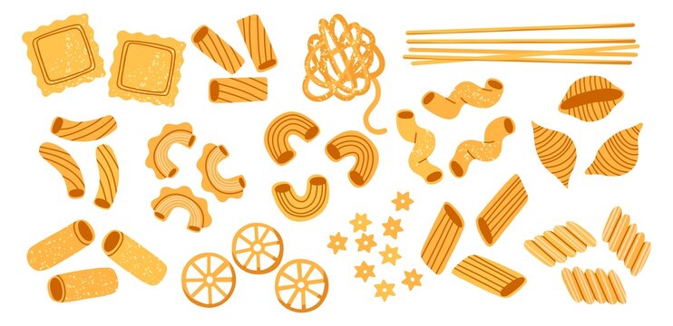 Different types pasta. Cartoon italian fast food, spaghetti, penne, ravioli and tagliatelle, products made of dough for boiling, vector set