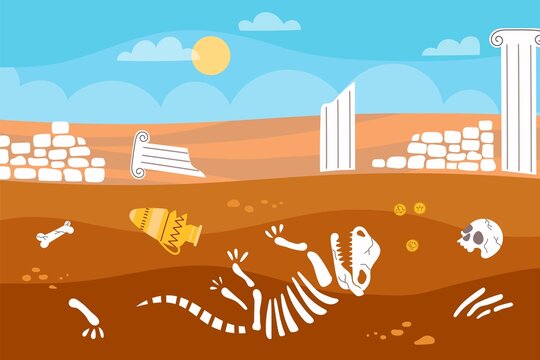 Geological soil layers. Archeology excavations, dinosaur bones skeleton in ground, ancient artifacts, vases and coins, vector illustration
