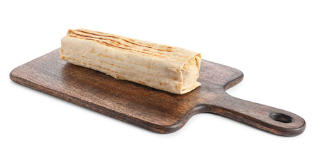 Board with tasty shawarma on white background