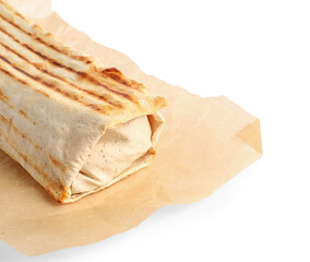 Baking paper with tasty shawarma on white background
