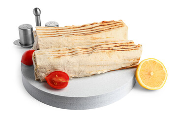 Plate with tasty shawarma on white background