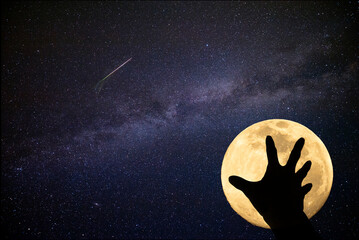 Under a starry sky full of shooting stars,reach out towards the full moon.