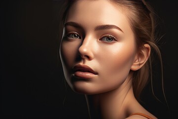 Fashion portrait of young beautiful glowing skin woman model, skin care, emphasizing the natural beauty and radiance of healthy skin, AI generated