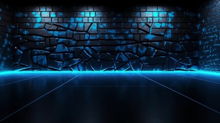 A dark room with brick wall and blue lights creating an eerie atmosphere. Generative ai