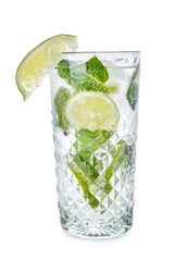 Glass of tasty mojito and ingredients on white background