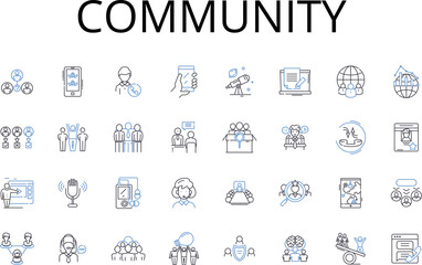 Community line icons collection. Society, Population, Neighborhood, Assembly, Congregation, Gathering, Colony vector and linear illustration. Clan,Brotherhood,Fellowship outline signs set - obrazy, fototapety, plakaty