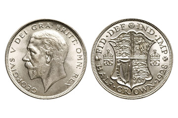 Old coin. Great Britain coin. United Kingdom. George V. Silver coin. Vector illustration.