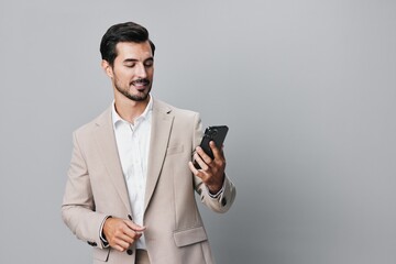 man happy success smile business smartphone suit portrait call hold phone