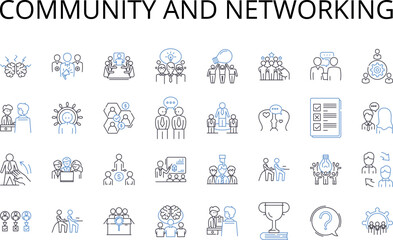 Community and networking line icons collection. Society, Group, Association, Neighborhood, Tribe, Faction, Fellowship vector and linear illustration. Club,Guild,Clan outline signs set - obrazy, fototapety, plakaty