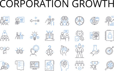 Corporation growth line icons collection. Company expansion, Business development, Enterprise progression, Industry advancement, Firm augmentation, Commercial expansion, Organization evolution vector