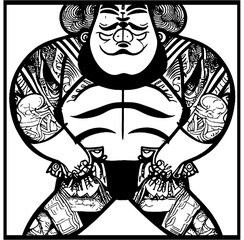 black and white image of a Japanese sumo wrestler