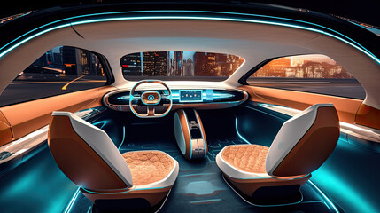 Inside futuristic car. Neon auto, modern interior and road grid. Driverless vehicle on night traffic background Generative AI