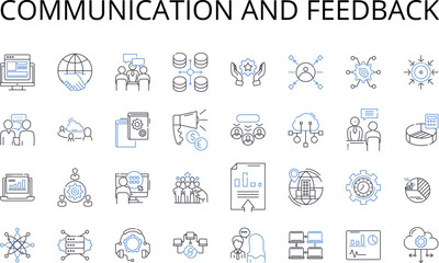 Communication and feedback line icons collection. Dialog, Discussion, Exchange, Correspondence, Interaction, Response, Comment vector and linear illustration. Critique,Review,Testimonial outline signs