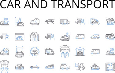 Car and transport line icons collection. Automobile, Vehicle, Truck, Van, Bus, Bike, Motorcycle vector and linear illustration. Scooter,Trailer,Camper outline signs set