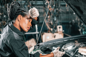 Experienced auto mechanics inspect car battery terminals and voltage to identify the cause of...