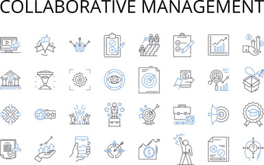 Collaborative management line icons collection. Cooperative leadership, Joint administration, Unified governance, Shared direction, Interactive supervision, Coordinated authority, Communal oversight