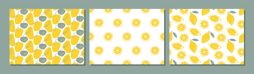 Seamless lemon pattern set. Three patterns collection. Abstract Seamless pattern with lemon and lemon slice on white background. Backgrounds for textile, wrapping paper, wallpaper, cover design.