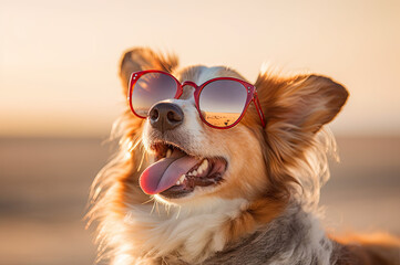 Dog with sunglasses at the beach created with Generative AI technology