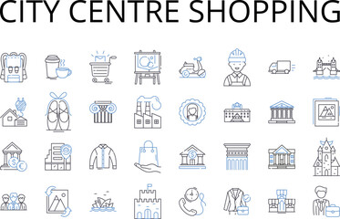 City centre shopping line icons collection. Downtown shopping, Urban shopping, High street shopping, Central shopping, Inner city shopping, CBD shopping, Metropolitan shopping vector and linear