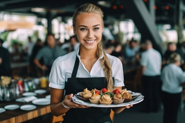 waitress carrying plates with meat dish on some festive event, party or wedding reception restaurant. Generative AI