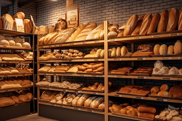 Breads on supermarket shelves, Different types of bread loaves, bread rolls, baguettes, bagels, bread buns, and a variety of other fresh bread on display on grocery store bakery shelves. generative ai
