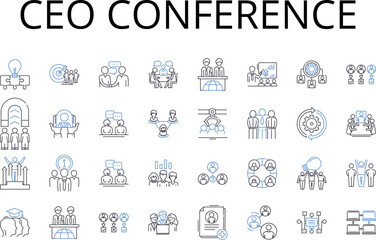 Ceo conference line icons collection. Manager meeting, Executive summit, Business retreat, Personnel assembly, Leadership forum, Supervisor symposium, Director conference vector and linear