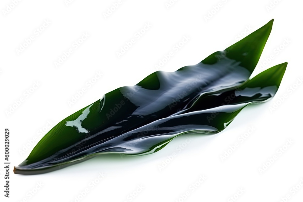 Poster green leaf-shaped object on a white surface generative ai