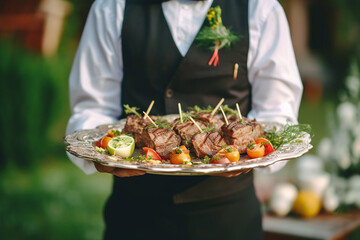 Waiter carrying plates with meat dish on some festive event, party or wedding reception restaurant Generative AI