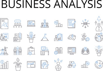 Business analysis line icons collection. Market research, Financial planning, Sales analytics, Risk assessment, Project management, Customer insights, Performance evaluation vector and linear