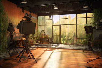 television studio, tv studio virtual set, video cameras and video studio, news studio, scene. Generative AI