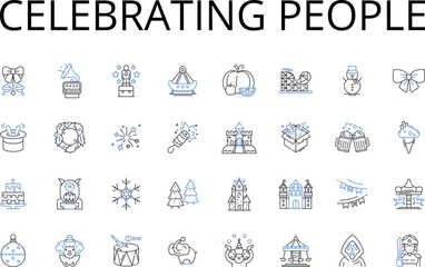 Celebrating people line icons collection. Applauding heroes, Honoring triumphs, Commending winners, Praising champions, Recognizing greatness, Hailing achievers, Felicitating stars vector and linear