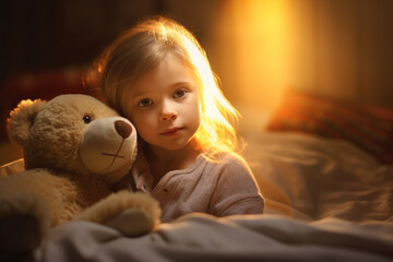 Toddler, young girl child kid at home on bed in the children's room with teddy bear soft toy, in the morning or at sunset Generative AI