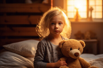 Toddler, sad or nearly crying young girl child kid at home on bed in the children's room with teddy bear soft toy, in the morning or at sunset Generative AI