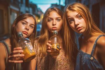 drunken or intoxicated teenagers, young girls outside on a side street, group of female friends in free time, drinking alcohol and celebrating and partying. Generative AI