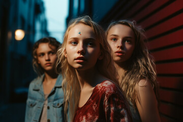 Obraz premium young women or teenagers, young girls outside on a side street, group of friends in free time. Generative AI