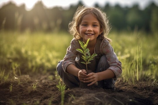 toddler, little kid plants a plant or tree seedling. Generative AI