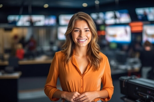 tv presenter in the tv studio, portrait video recording, smiling friendly sympathetic face, news streaming. Generative AI