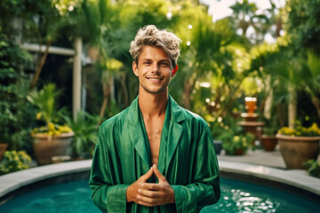 adult man is proud and satisfied, lifestyle and wellbeing, organic vegan or eco, guru or alternative medicine or yoga and meditation, man in green bathrobe at swimming pool. Generative AI - obrazy, fototapety, plakaty