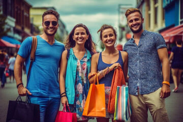 walking and shopping in the city, shopping bags and shopping bags, group of friends and couple in line, buying clothes and shopping. Generative AI